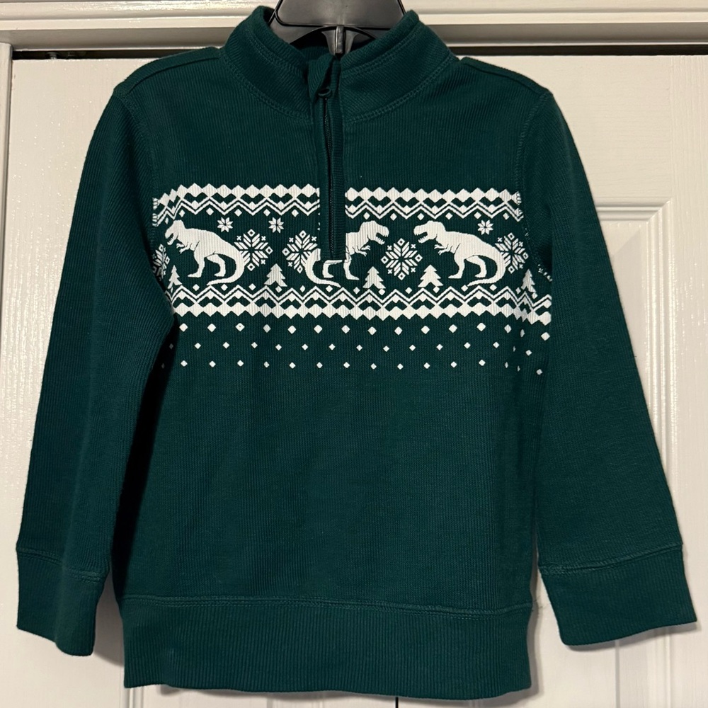 3T Green Half-Zip Sweater with White T-Rex Dinosaurs and Snowflakes Pattern